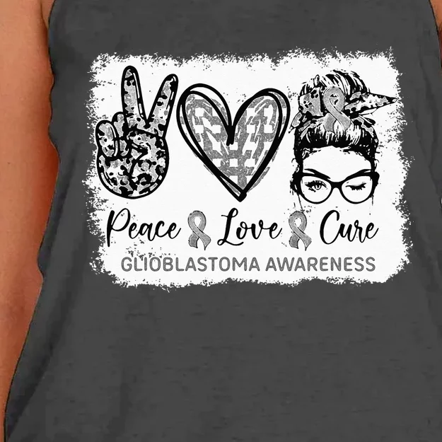 Messy Bun Peace Love Cure Gray Ribbon Glioblastoma Awareness Women's Knotted Racerback Tank