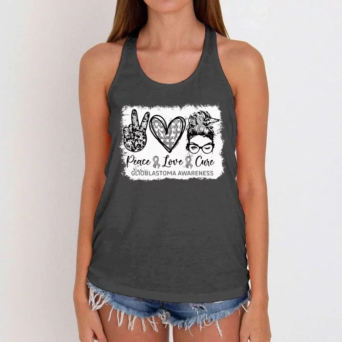 Messy Bun Peace Love Cure Gray Ribbon Glioblastoma Awareness Women's Knotted Racerback Tank