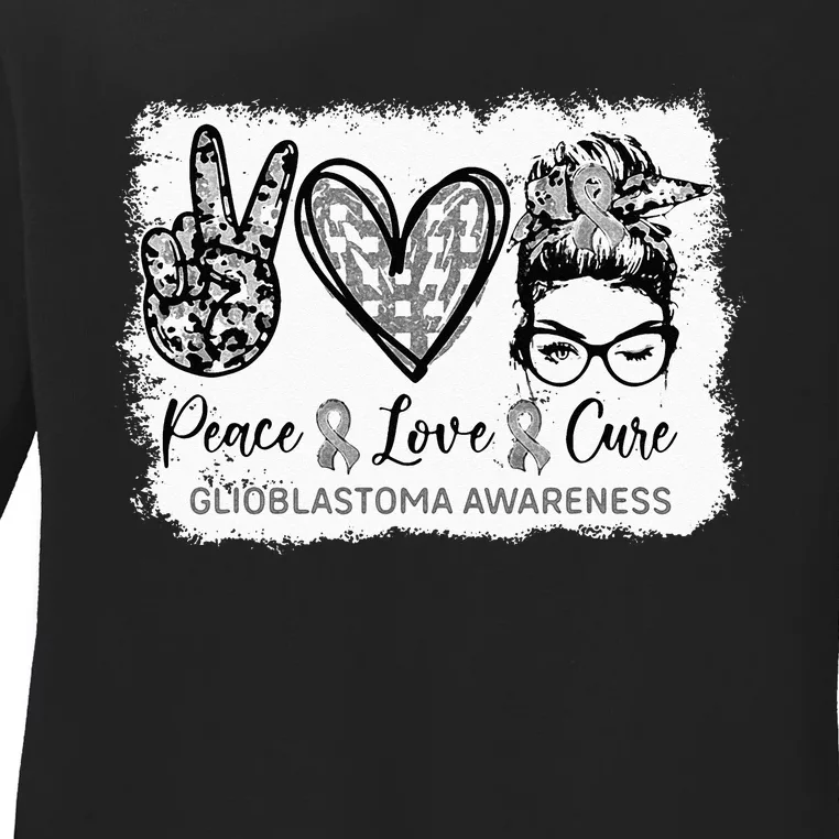 Messy Bun Peace Love Cure Gray Ribbon Glioblastoma Awareness Ladies Long Sleeve Shirt