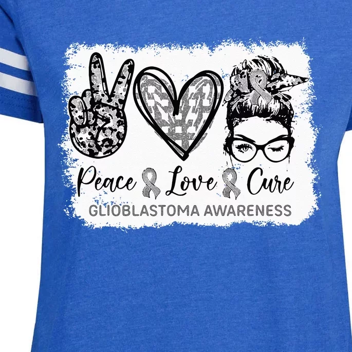 Messy Bun Peace Love Cure Gray Ribbon Glioblastoma Awareness Enza Ladies Jersey Football T-Shirt