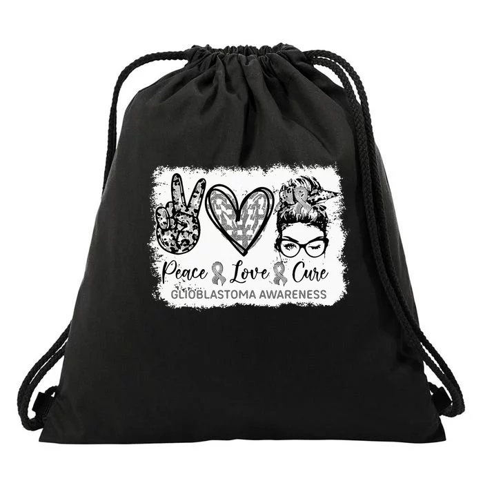 Messy Bun Peace Love Cure Gray Ribbon Glioblastoma Awareness Drawstring Bag