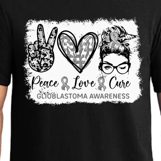 Messy Bun Peace Love Cure Gray Ribbon Glioblastoma Awareness Pajama Set