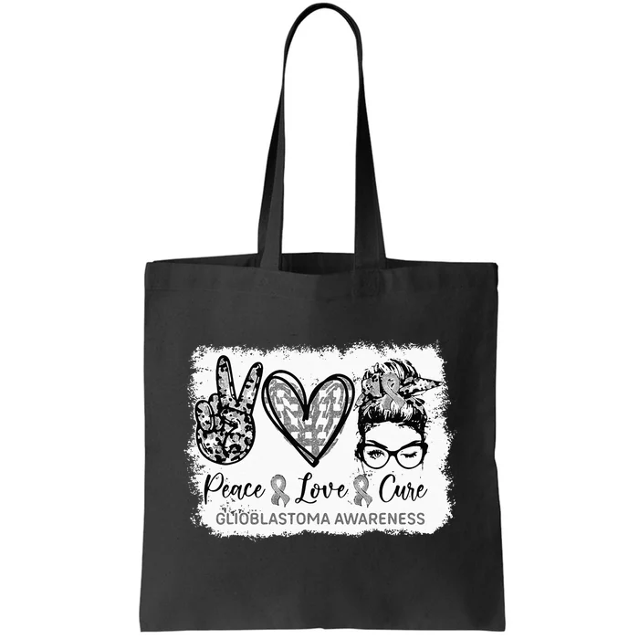 Messy Bun Peace Love Cure Gray Ribbon Glioblastoma Awareness Tote Bag