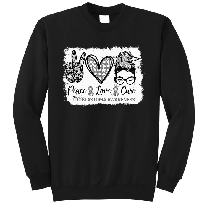 Messy Bun Peace Love Cure Gray Ribbon Glioblastoma Awareness Tall Sweatshirt