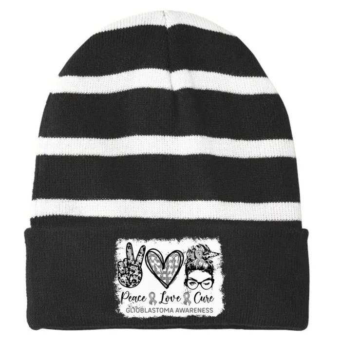 Messy Bun Peace Love Cure Gray Ribbon Glioblastoma Awareness Striped Beanie with Solid Band