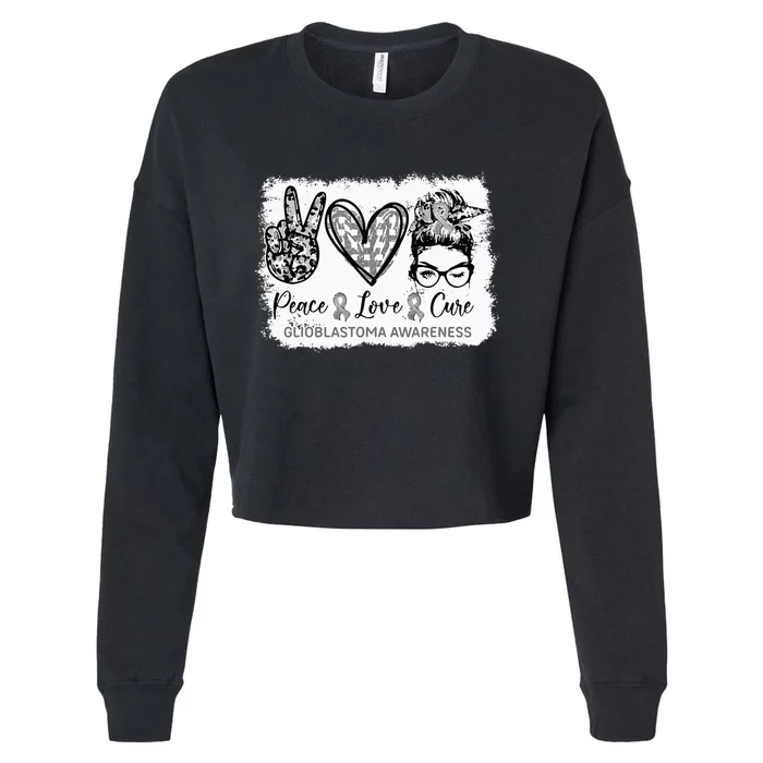 Messy Bun Peace Love Cure Gray Ribbon Glioblastoma Awareness Cropped Pullover Crew