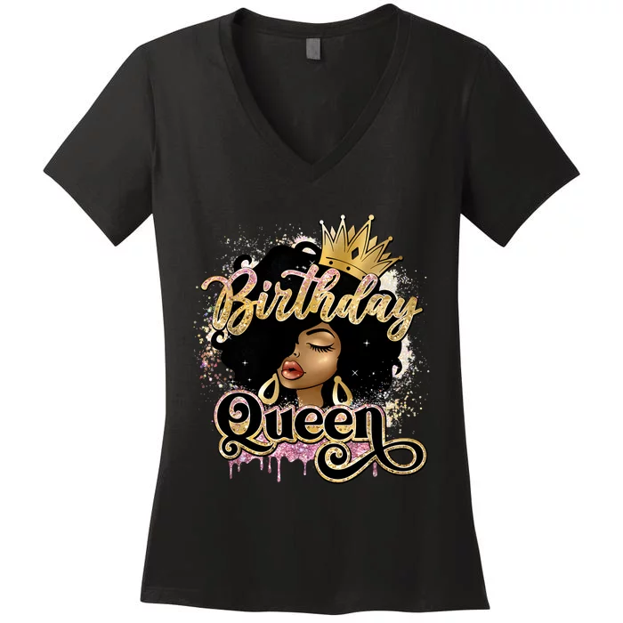 Melanin Birthday Queen African American Afro Girls Women Women's V-Neck T-Shirt