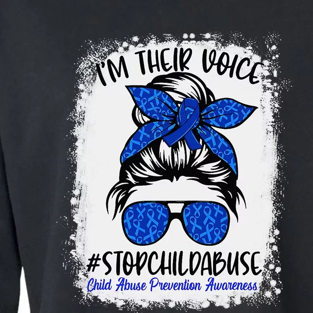 Messy Bun Ribbon Stop Child Abuse Prevention Awareness Month Cropped Pullover Crew