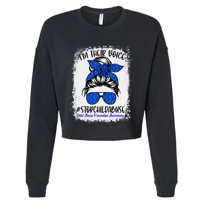 Messy Bun Ribbon Stop Child Abuse Prevention Awareness Month Cropped Pullover Crew