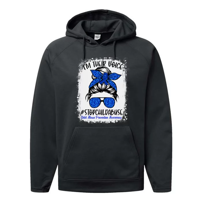 Messy Bun Ribbon Stop Child Abuse Prevention Awareness Month Performance Fleece Hoodie