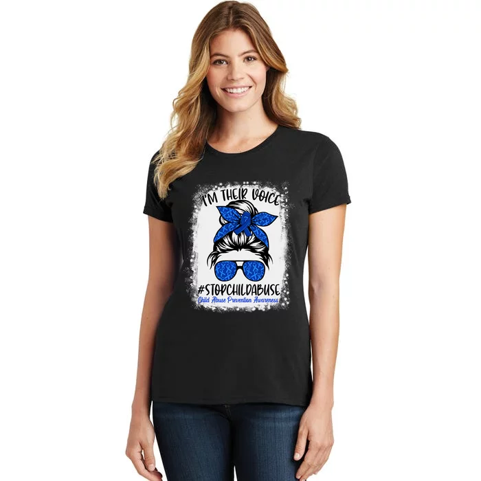 Messy Bun Ribbon Stop Child Abuse Prevention Awareness Month Women's T-Shirt