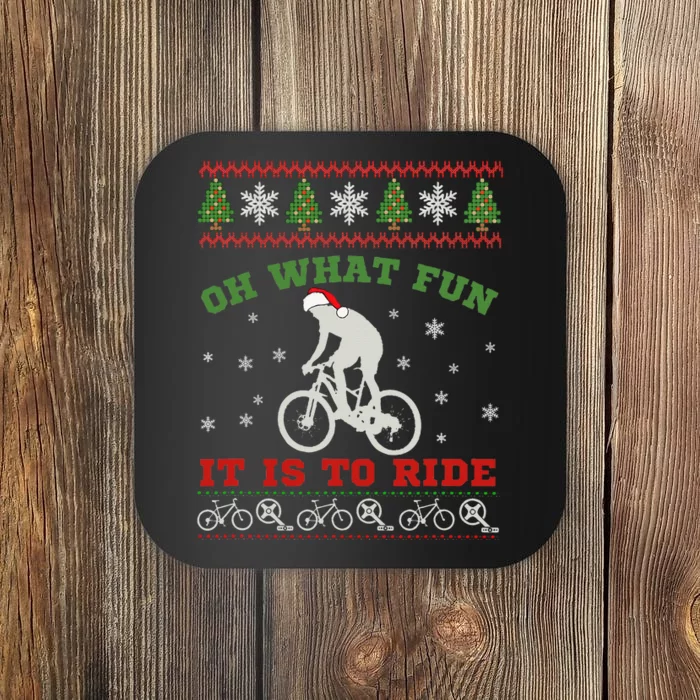 Mountain Bike Rider Oh What Fun Christmas Ugly Sweater Coaster