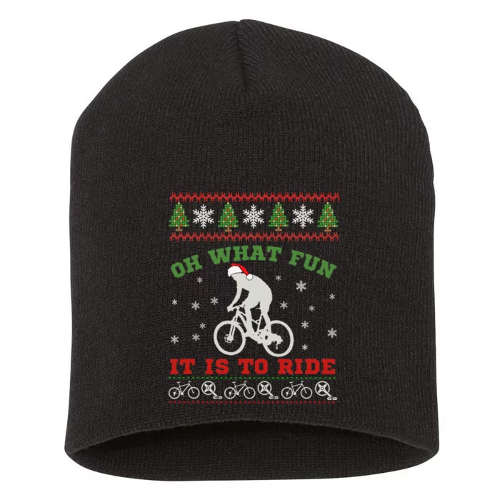 Mountain Bike Rider Oh What Fun Christmas Ugly Sweater Short Acrylic Beanie