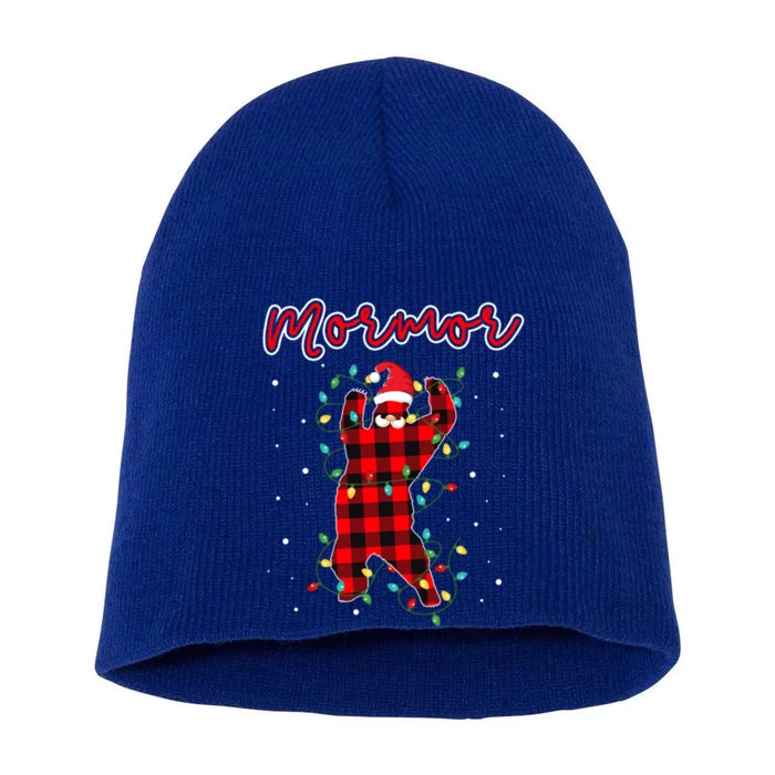 Mormor Bear Red Buffalo Plaid Grandma Bear Pajama Xmas Gift Short Acrylic Beanie