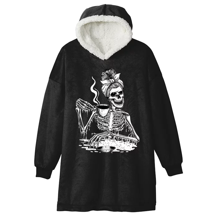 Messy Bun Skeleton Drinking Coffee Halloween Skeleton Hooded Wearable Blanket