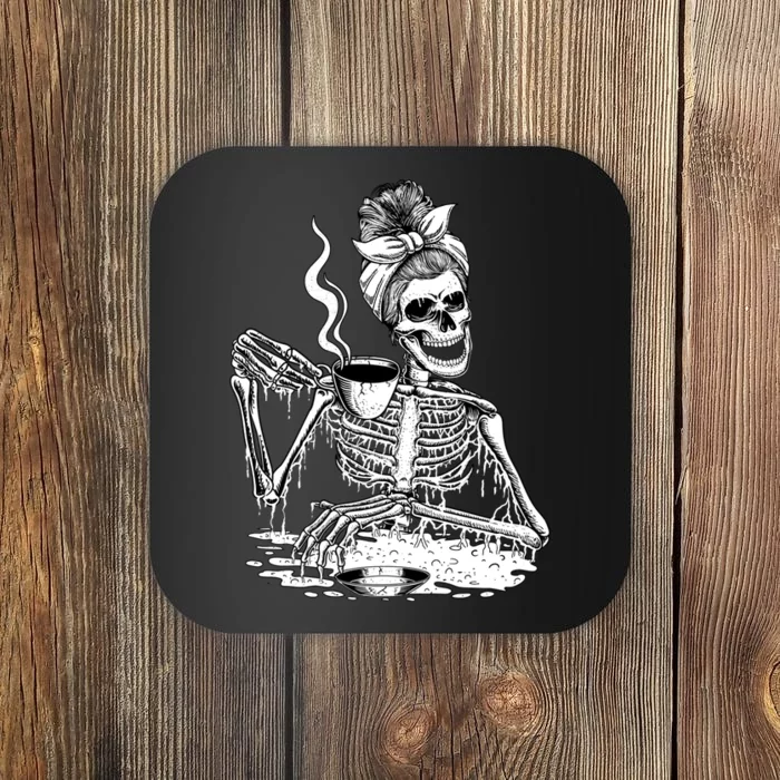 Messy Bun Skeleton Drinking Coffee Halloween Skeleton Coaster