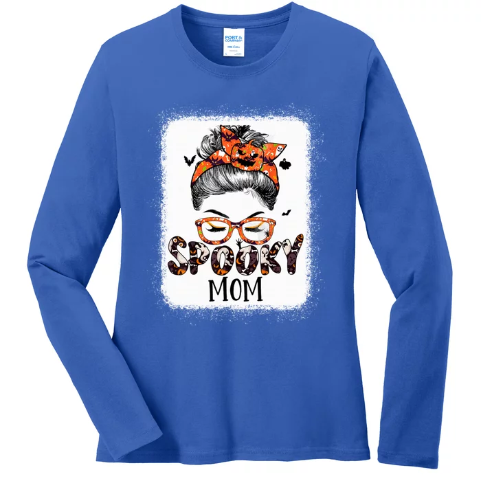 Messy Bun Spooky Mom Pumpkin Halloween Bat Gift Ladies Long Sleeve Shirt