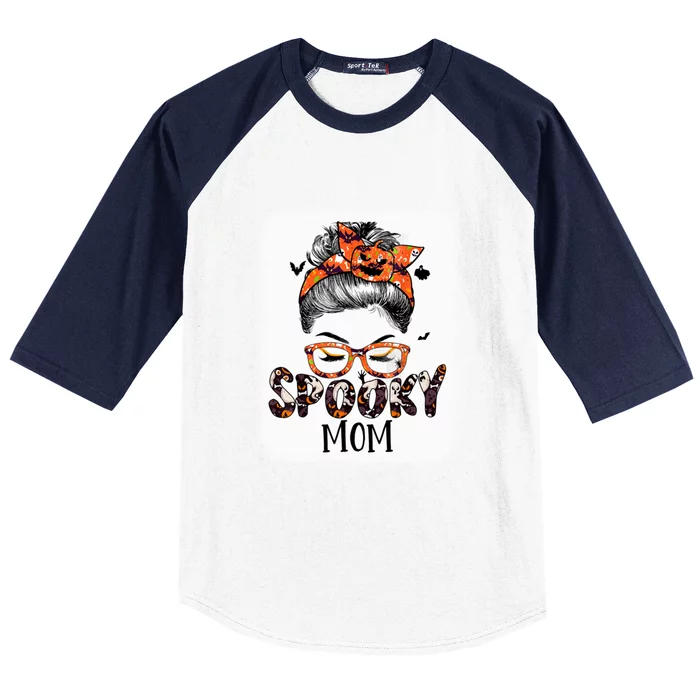 Messy Bun Spooky Mom Pumpkin Halloween Bat Gift Baseball Sleeve Shirt