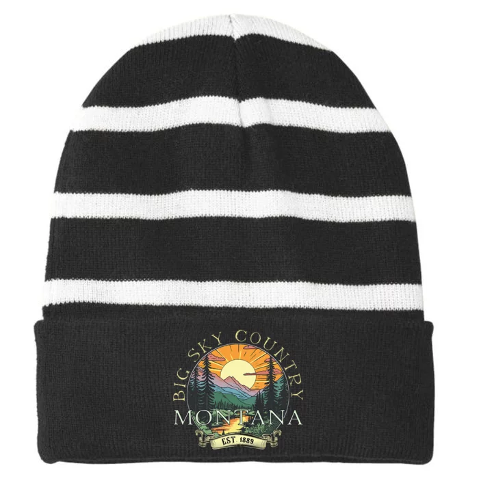 Montana Big Sky Country Mountains Vintage Striped Beanie with Solid Band