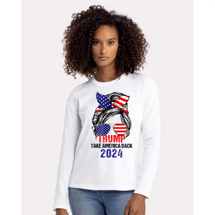 Messy Bun Support Trump 2024 Flag Take America Back Womens Cotton Relaxed Long Sleeve T-Shirt