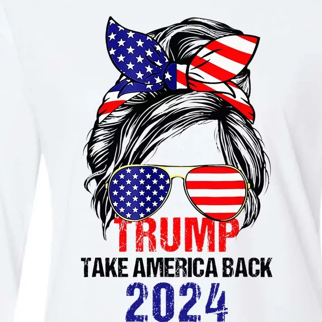 Messy Bun Support Trump 2024 Flag Take America Back Womens Cotton Relaxed Long Sleeve T-Shirt