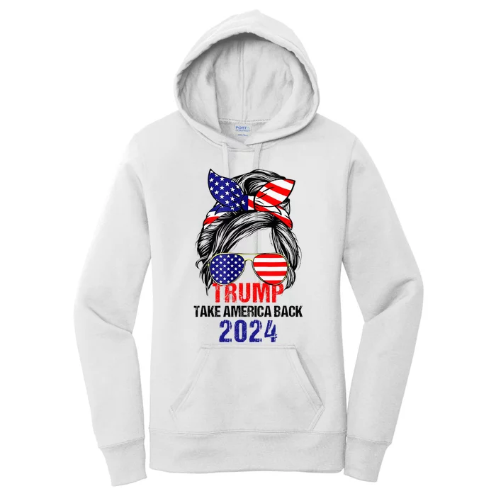 Messy Bun Support Trump 2024 Flag Take America Back Women's Pullover Hoodie