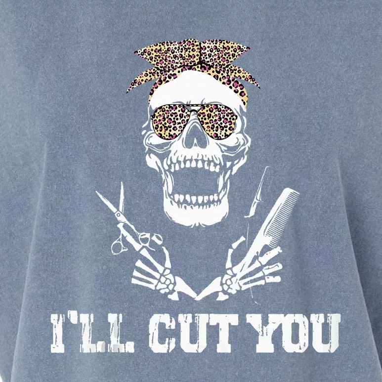 Messy Bun Skull Leopard Hairdresser I'll Cut You Halloween Garment-Dyed Women's Muscle Tee