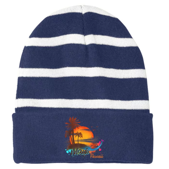 Maui-Hawaii Beach Summer Palm Trees Sunset Striped Beanie with Solid Band