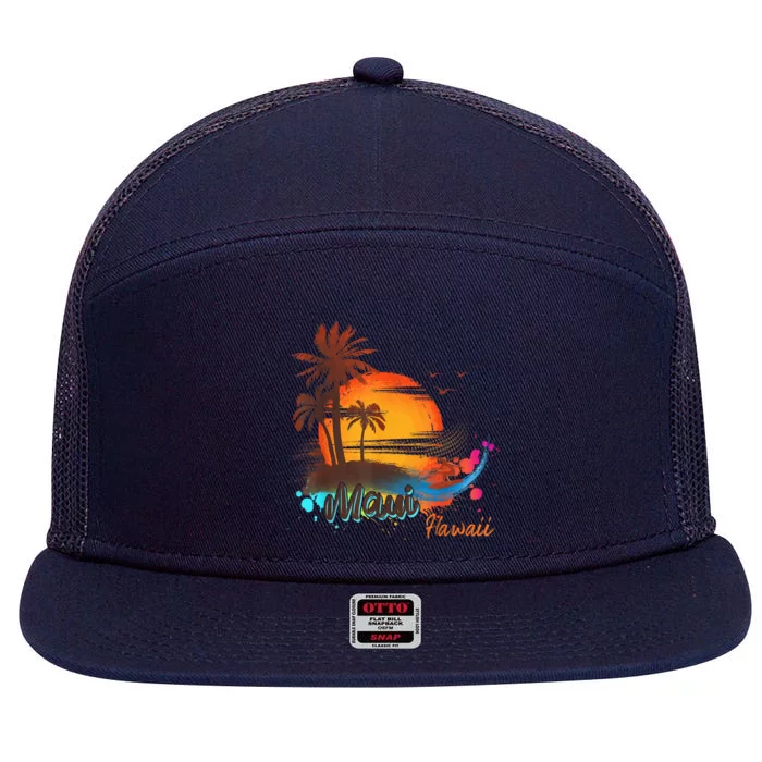 Maui-Hawaii Beach Summer Palm Trees Sunset 7 Panel Mesh Trucker Snapback Hat