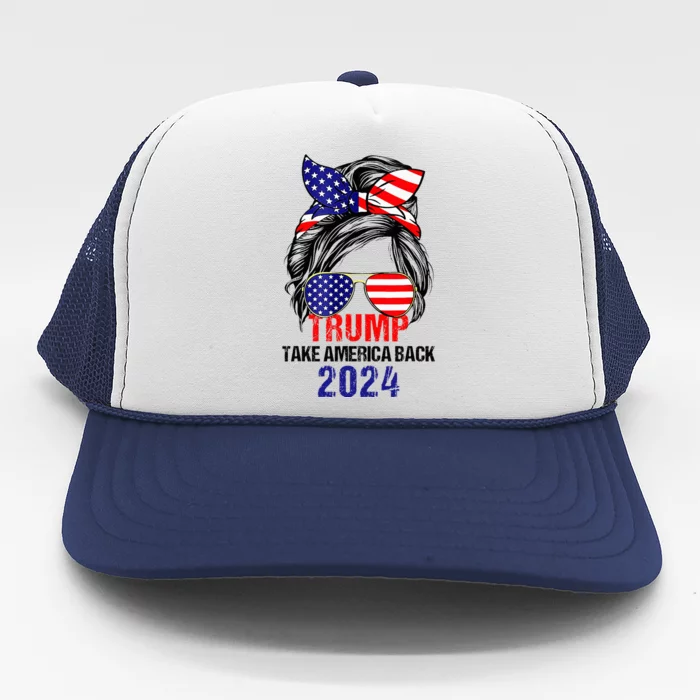 Messy Bun Support Trump 2024 Flag Take America Back Trucker Hat