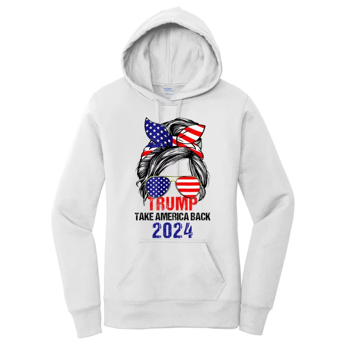 Messy Bun Support Trump 2024 Flag Take America Back Women's Pullover Hoodie