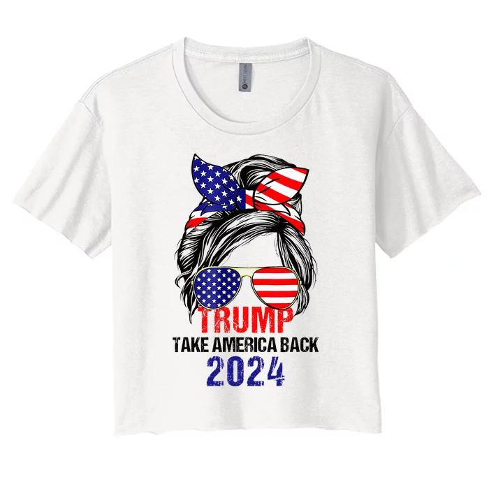 Messy Bun Support Trump 2024 Flag Take America Back Women's Crop Top Tee