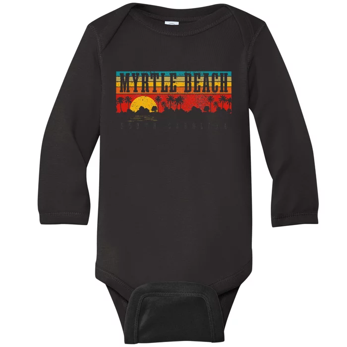 Myrtle Beach South Carolina Vintage Retro Sunset Surf Baby Long Sleeve Bodysuit