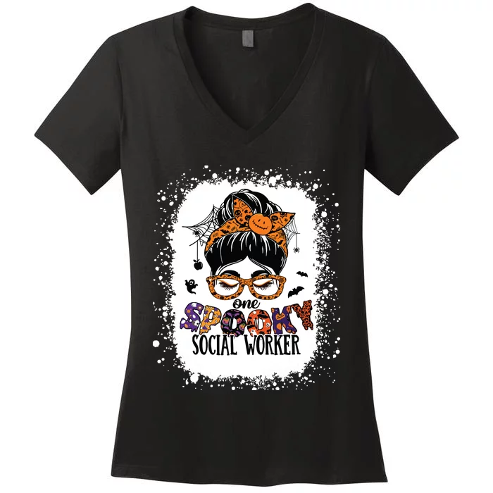 Messy Bun Spooky Social Worker Women Halloween School Worker Women's V-Neck T-Shirt