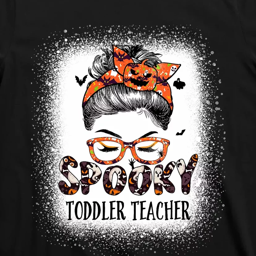 Messy Bun Spooky Teacher Bleached Halloween Bat T-Shirt