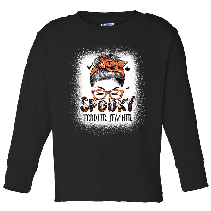 Messy Bun Spooky Teacher Bleached Halloween Bat Toddler Long Sleeve Shirt