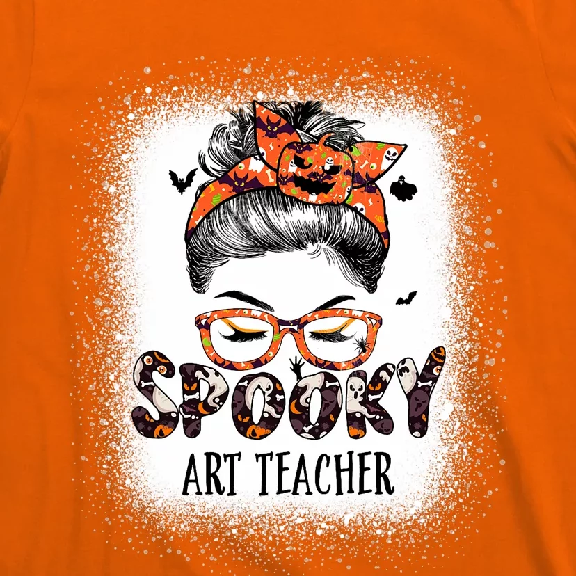 Messy Bun Spooky Art Teacher Bleached Halloween Pumpkin T-Shirt