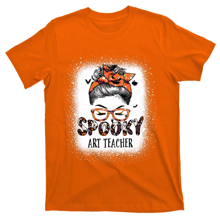 Messy Bun Spooky Art Teacher Bleached Halloween Pumpkin T-Shirt