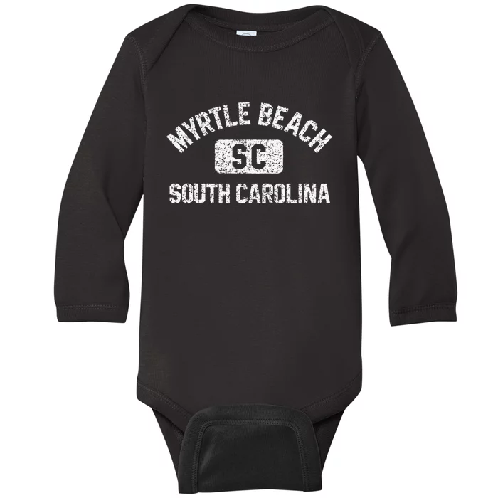 Myrtle Beach SC Gym Style Distressed White Print Baby Long Sleeve Bodysuit