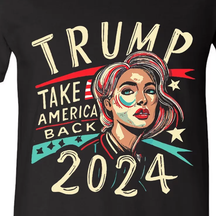 Messy Bun Support Trump 2024 Flag Take America Back V-Neck T-Shirt