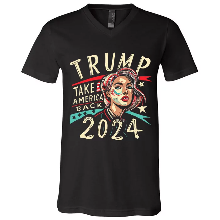 Messy Bun Support Trump 2024 Flag Take America Back V-Neck T-Shirt