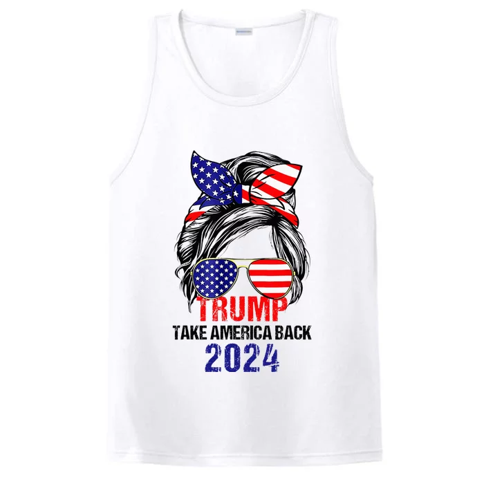 Messy Bun Support Trump 2024 Flag Take America Back Performance Tank