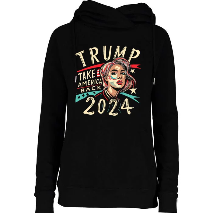 Messy Bun Support Trump 2024 Flag Take America Back Womens Funnel Neck Pullover Hood