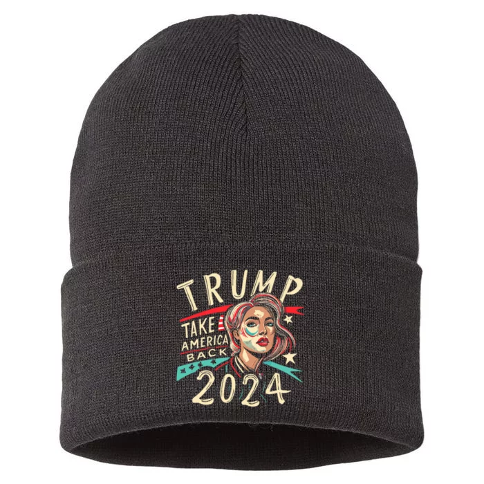 Messy Bun Support Trump 2024 Flag Take America Back Sustainable Knit Beanie