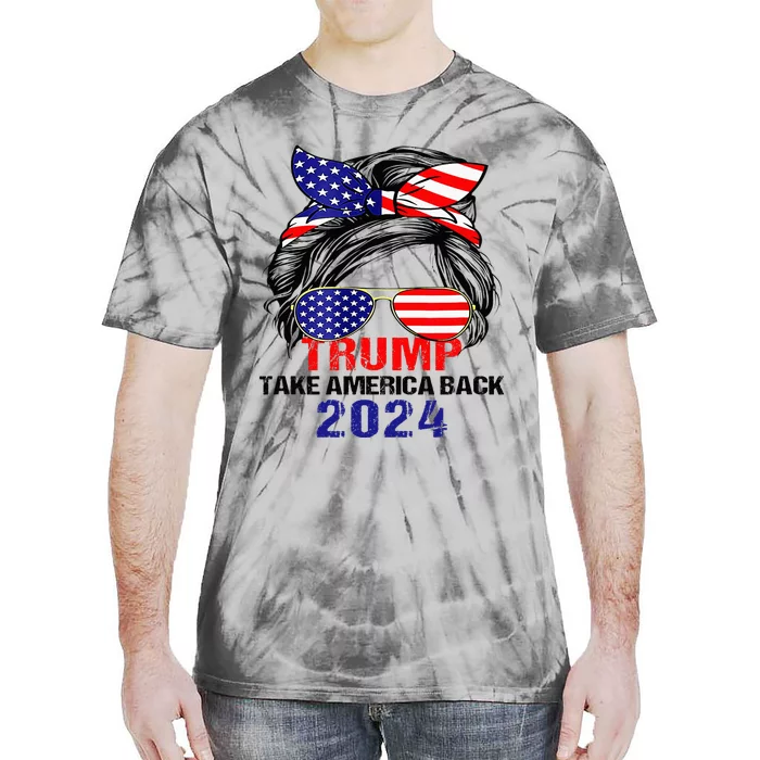 Messy Bun Support Trump 2024 Flag Take America Back Tie-Dye T-Shirt