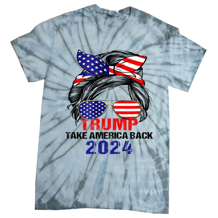 Messy Bun Support Trump 2024 Flag Take America Back Tie-Dye T-Shirt