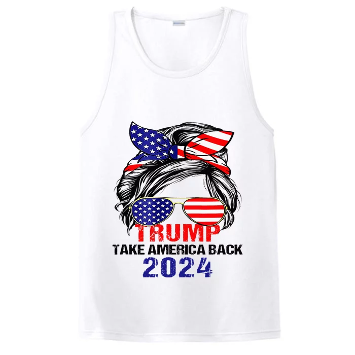 Messy Bun Support Trump 2024 Flag Take America Back Performance Tank