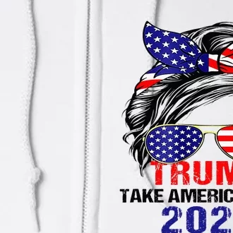 Messy Bun Support Trump 2024 Flag Take America Back Full Zip Hoodie