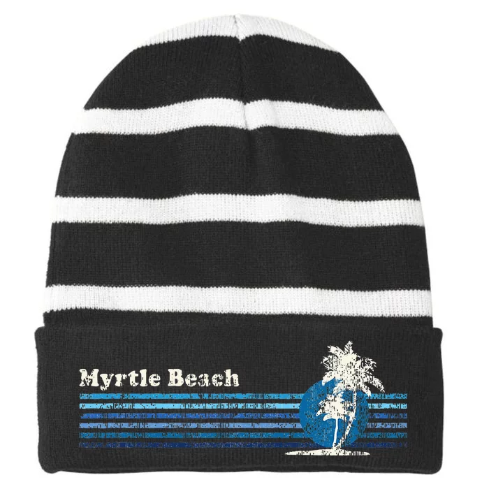 Myrtle Beach Sc Vintage 80s Palm Trees Sunset Striped Beanie with Solid Band