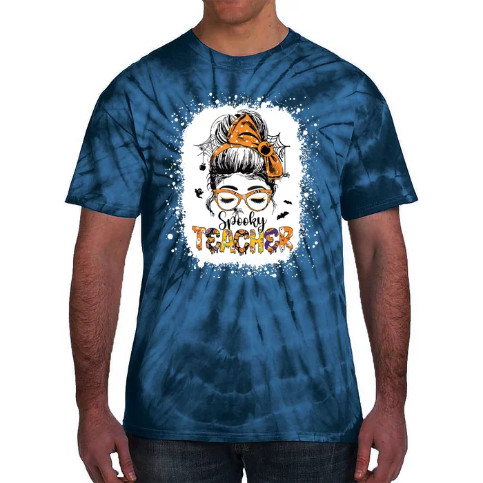 Messy Bun Spooky Teacher Bleached Halloween Teachers Tie-Dye T-Shirt